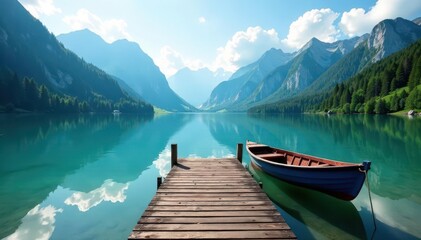Obraz premium Serene alpine lake scene; small wooden dock, tranquil water, fishing boats at rest , serene, summer, water