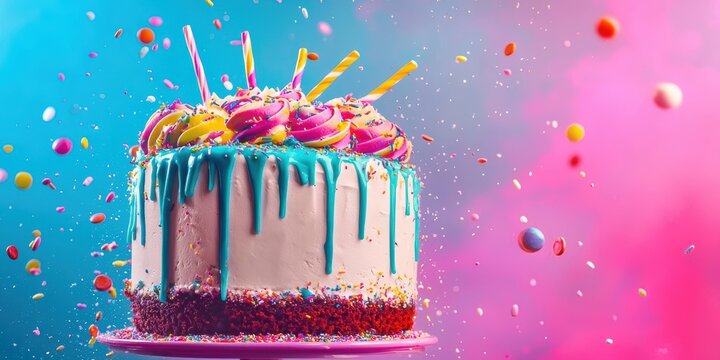 Flying funfetti cake with neon icing splashes and candy drizzle on a playful bright pink and blue background