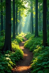 Obraz premium Forest trail winding through dense vegetation, tree trunks, woodland, forest trail