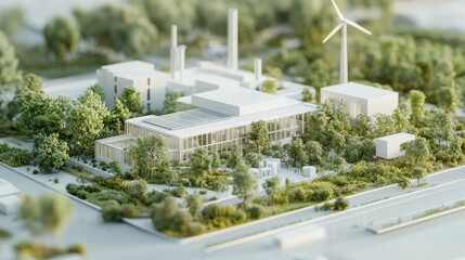 Modern sustainable factory model with wind turbines and lots of green space trees.