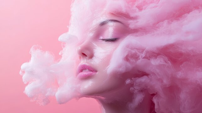 This captivating image features a mannequin's face enveloped in soft, pink foam, illustrating a whimsical interpretation of beauty and fantasy in a surreal setting. - Powered by Adobe