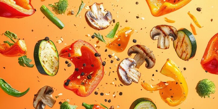 Flying grilled vegetables including bell peppers, zucchini, and mushrooms, against a pastel orange background
