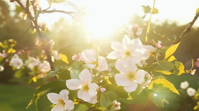 beautiful sunlit spring landscape showcasing blooming branches fruit tree full flower captured real time video footage outdoors garden