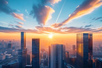 Fototapeta premium Stunning sunset over cityscape with skyscrapers.