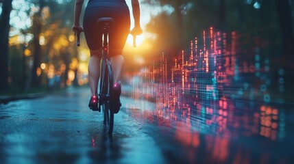 Cyclist Moving Through Outdoors with Digital Data Display of Health Metrics. Generative AI