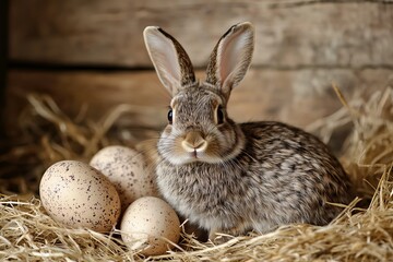 Obraz premium Rabbit is sitting on a bed of hay next to three eggs.