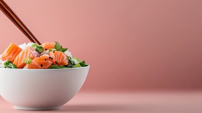 A vibrant bowl filled with fresh salmon, rice, and green herbs, topped with sesame seeds, representing a healthy and delicious meal for sushi lovers and food enthusiasts.