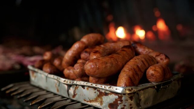 Juicy sausages grilling to perfection in a professional kitchen