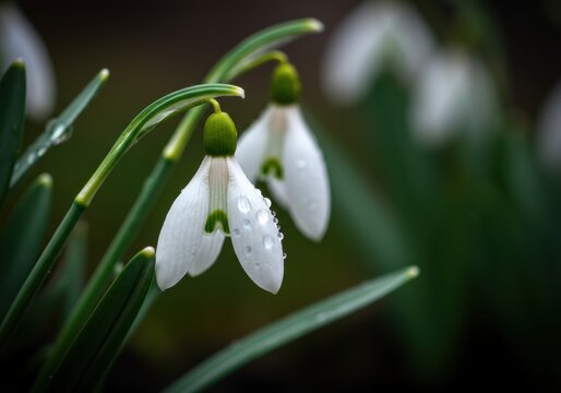 Delicate snowdrop flowers with droplets glistening on their petals