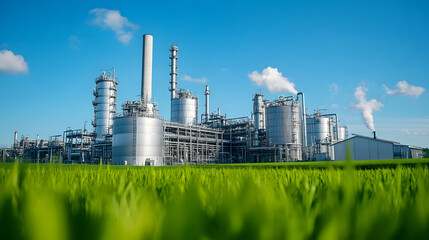 A photograph of an industrial plant with silver tanks surrounded by green fields
