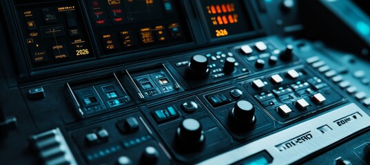 Fototapeta premium Futuristic Control Room Interior. Intricately Lit Control Panel Interface with Digital Display.