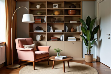 A stylish modern mid-century living room with warm tones and minimalist decor  .