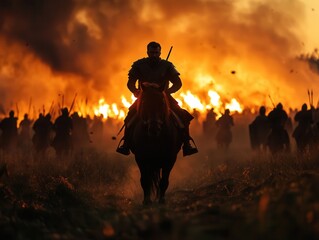 Fototapeta premium Epic portrayal of a Roman general on horseback amidst a fiery battlefield at dusk. Generative AI