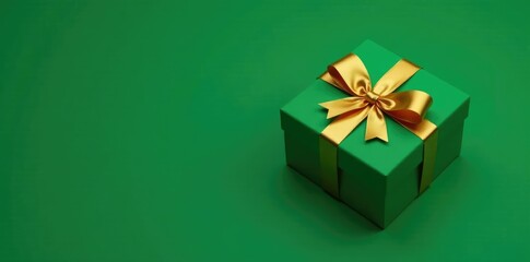 Green Christmas gift box with gold bow on green background, bow, background, gold