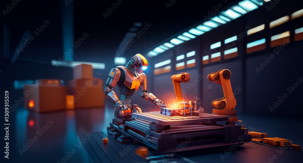 Aufkleber a humanoid robot diligently works in a modern factory setting, using robotic arms to assemble compon