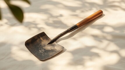 Small shovel, garden tool, outdoors, sunlight, fabric background