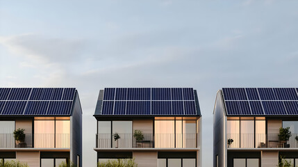 Solar Panel Rooftop Houses Under Cloudy Blue Sky with Modern Design