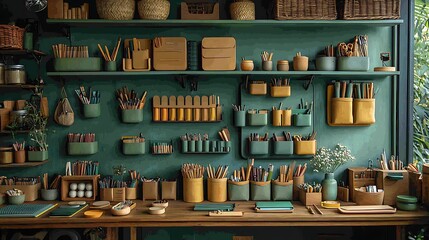 Obraz premium Organized Craft Room with Green and Mustard Yellow Storage Art Supplies and Pencils