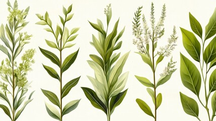 Fototapeta premium A detailed illustration of various green plants showcasing their leaves and flower against a light background