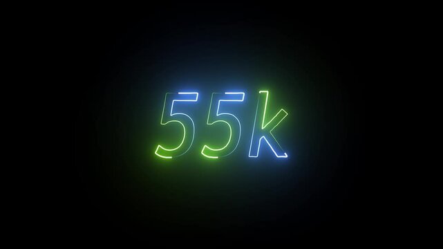 glowing neon 55K text animation on black background. 55k Followers Celebration text animation.