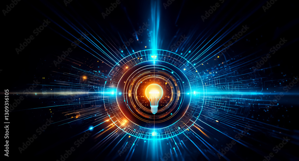 Aufkleber A bright light bulb at the center emits blue and orange beams in a circular pattern, symbolizing energy and innovation on a dark background in an abstract design.