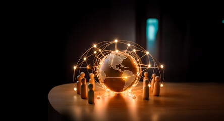 Globe with light connections and wooden figures encircles it on a wooden surface with a dark backdrop. Depicts global network and communication.