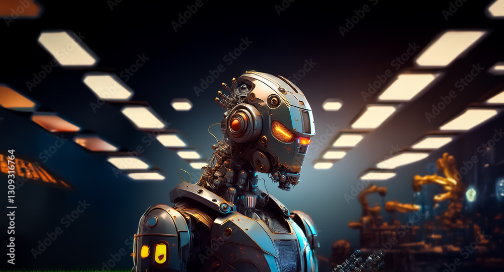 Aufkleber A metallic robot with glowing eyes stands in a dimly lit, futuristic environment with geometric lighting. The robotic figure is composed of mechanical parts and conveys advanced technology.