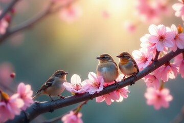 Sparrows nestled in cherry blossom branches, spring sunlight , fluffy, vibrant