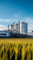 A photograph of an industrial plant with silver tanks surrounded by green fields
