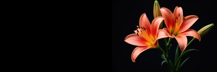 Fototapeta premium Stark lilies, dramatic black backdrop Simple, sophisticated composition , studio, botanical photography