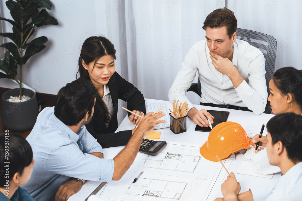 Aufkleber diverse group of civil engineer and client working together on architectural project, reviewing cons