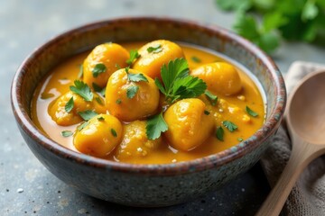 Stoneware bowl, golden curry sauce, overhead shot , food, ingredient, gastronomy
