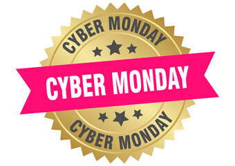 cyber monday. cyber monday round pink and gold label isolated on transparent background