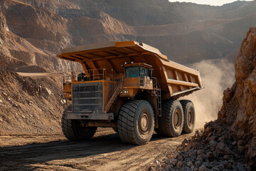 Massive yellow dump truck navigating a dusty open-pit mine with steep rock walls