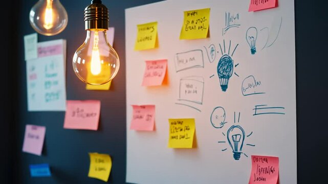 Inspiring brainstorming session with light bulbs and ideas scribbled on whiteboard