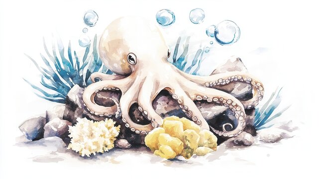 Vibrant watercolor depicting a cheerful playful octopus surrounded by coral bubbles and other vibrant marine life elements in a whimsical underwater scene