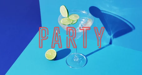  Image of party text over cocktail glass on blue background © vectorfusionart