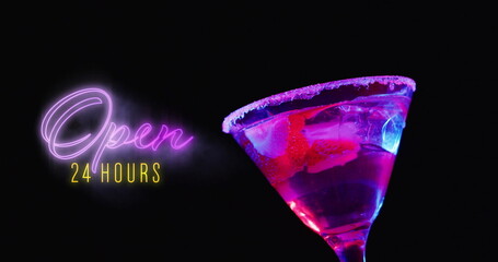 Image of open 24 hours text over drink
