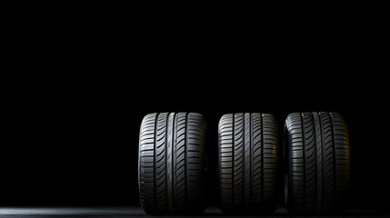 Three Black Tires Lined Up Against a Dark Background Showing Detailed Tread Pattern and Rubber Texture