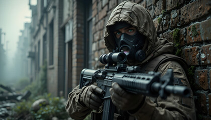 Fototapeta premium Silent Sentinel: A soldier, armed with a rifle and gas mask, stands watch in a post-apocalyptic cityscape, hinting at danger, survival, and the aftermath of conflict.