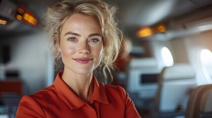 This modern image captures a confident woman in an airplane cabin, shedding light on the empowering nature of travel and the evolving role of women in aviation.