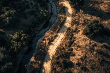 Aerial View of Winding River and Pathway Through Dry Landscape