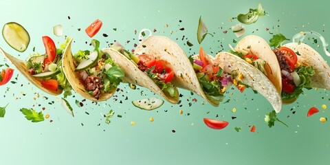 Flying tacos with fresh ingredients spilling out on a pastel green background