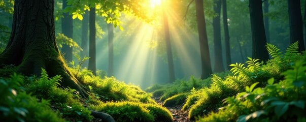 Fototapeta premium Sunlight dappled forest, ferns and moss on lush undergrowth, shade, background