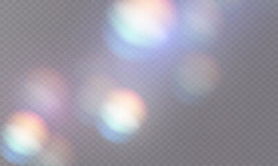 PNG Set of colorful vector lenses and light flares with transparent effects. Iridescent crystal leak glare reflection effect. Png Optical rainbow lights, glare, leak, streak overlay. falling confetti.
