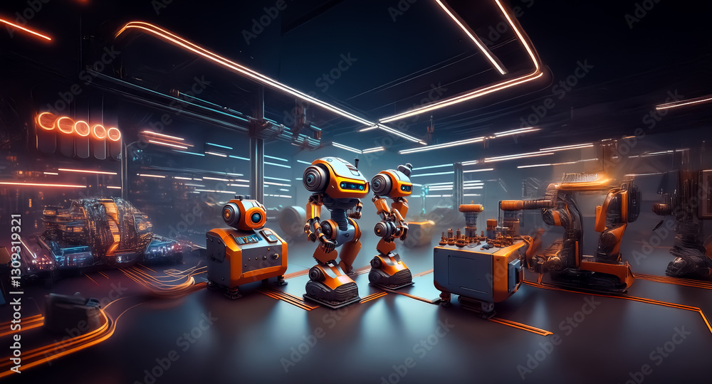 Aufkleber futuristic factory floor with orange robots and automated machinery. a dimly lit, industrial setting