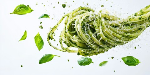 Fresh basil pesto pasta with parmesan sprinkles mid-air on a bright white background