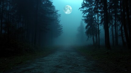 Fototapeta premium Moonlit forest path, misty night, trees, Halloween background