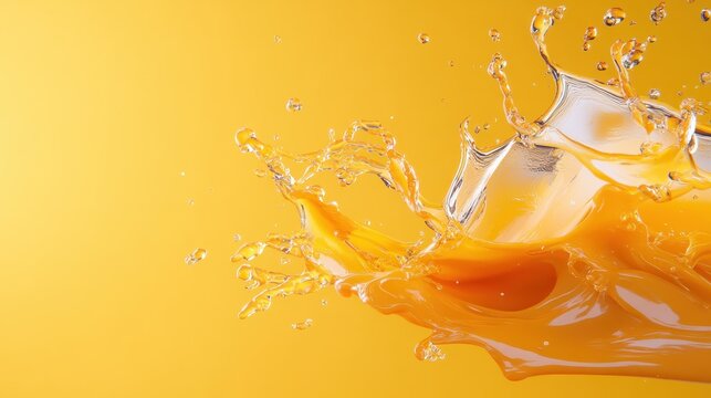 A high-energy splash of refreshing orange juice captures motion in this vibrant image, showcasing droplets and textures against a bright yellow backdrop for visual excitement.