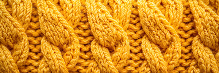 Close-up of a knitted wool pattern, exhibiting a warm, homely texture wide banner, yellow background 